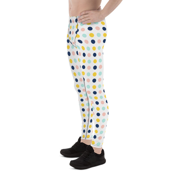 Blue Yellow Dotted Men's Leggings, Dots Pattern Abstract Designer Print Sexy Meggings Men's Workout Gym Tights Leggings, Men's Compression Tights Pants - Made in USA/ EU/ MX (US Size: XS-3XL)&nbsp;