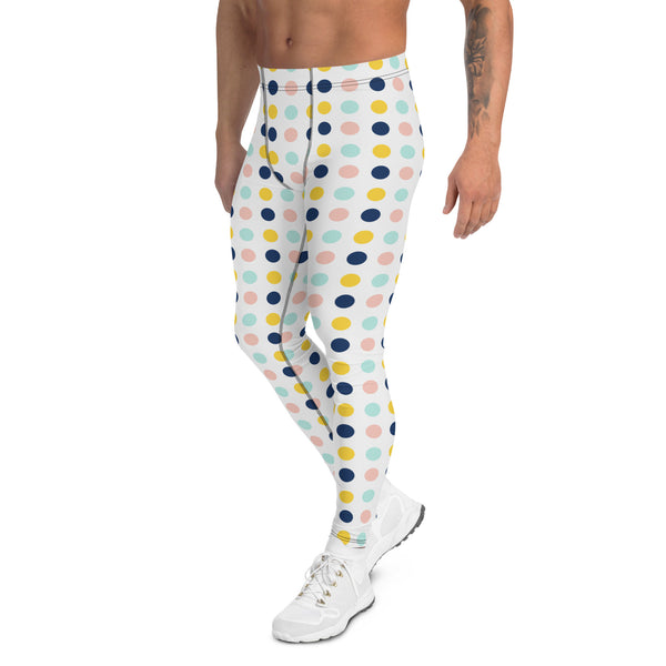 Blue Yellow Dotted Men's Leggings, Dots Pattern Abstract Designer Print Sexy Meggings Men's Workout Gym Tights Leggings, Men's Compression Tights Pants - Made in USA/ EU/ MX (US Size: XS-3XL)&nbsp;