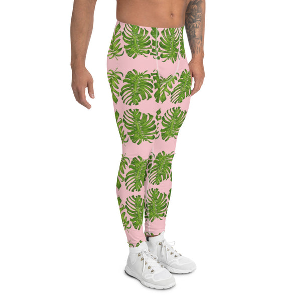 Pink Tropical Leaf Men's Leggings - Heidikimurart Limited Pink Tropical Leaf Men's Leggings, Hawaiian Style Leaves Designer Print Sexy Meggings Men's Workout Gym Tights Leggings, Men's Compression Tights Pants - Made in USA/ EU/ MX (US Size: XS-3XL) 