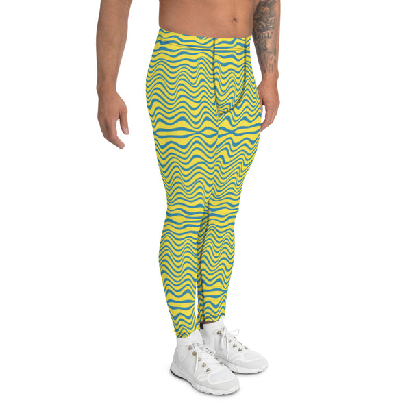 Blue Yellow Curvy Men's Leggings, Great Wave Pattern Designer Print Sexy Meggings Men's Workout Gym Tights Leggings, Men's Compression Tights Pants - Made in USA/ EU/ MX (US Size: XS-3XL) Patterned Leggings For Men, Tights Workout, Men's Compression Pants, Mens Festival Leggings, Mens Leggings Fashion, Mens Tights