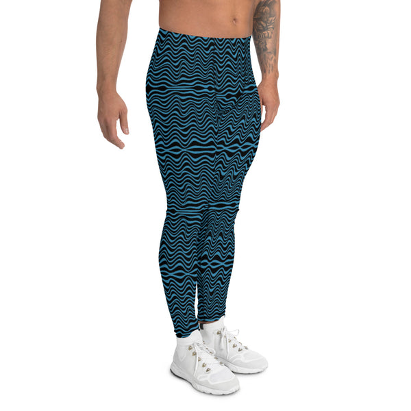 Black Blue Curvy Men's Leggings, Great Wave Pattern Designer Print Sexy Meggings Men's Workout Gym Tights Leggings, Men's Compression Tights Pants - Made in USA/ EU/ MX (US Size: XS-3XL) Patterned Leggings For Men, Tights Workout, Men's Compression Pants, Mens Festival Leggings, Mens Leggings Fashion, Mens Tights