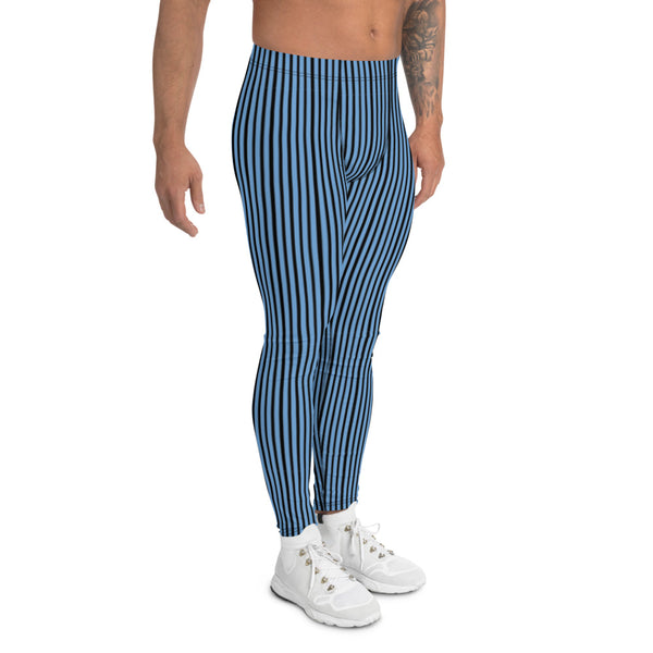 Blue Striped Men's Leggings, Blue And Black Vertical Stripes Circus Designer Modern Print Sexy Meggings Men's Workout Gym Tights Leggings, Men's Compression Tights Pants - Made in USA/ EU/ MX (US Size: XS-3XL) 