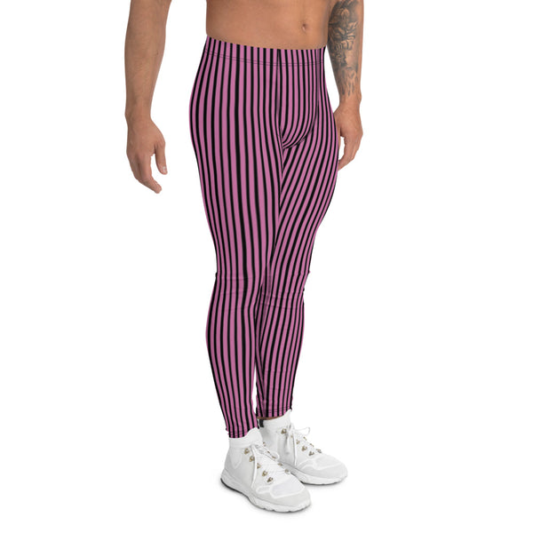 Pink Striped Men's Leggings, Modern Black and Pink Vertically Stripes Leggings, Modern Stripes Designer Print Sexy Meggings Men's Workout Gym Tights Leggings, Men's Compression Tights Pants - Made in USA/ EU/ MX (US Size: XS-3XL) 