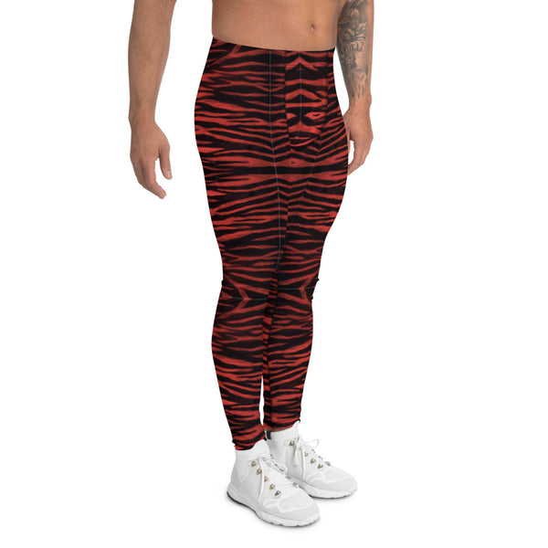 Red Tiger Striped Men's Leggings, Tiger Stripes Animal Print Sexy Meggings Men's Workout Gym Tights Leggings, Men's Compression Tights Pants - Made in USA/ EU/ MX (US Size: XS-3XL) 