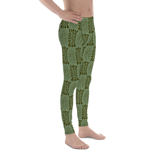 Green Floral Patterned Men's Leggings, Tropical Floral Print Best Premium Workout Modern Meggings, Men's Leggings Tights Pants - Made in USA/EU/ Mexico (US Size: XS-3XL) Sexy Meggings Men's Workout Gym Tights Leggings