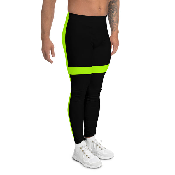 Black Green Neon Men's Leggings, Modern Minimalist Striped Solid Color Modern Meggings, Men's Leggings Tights Pants - Made in USA/EU/ Mexico (US Size: XS-3XL) Sexy Meggings Men's Workout Gym Tights Leggings