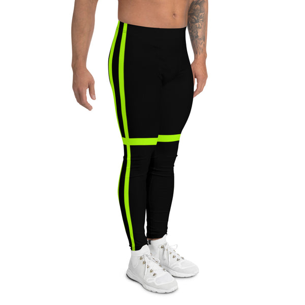 Green Stripes Best Men's Leggings, Designer Neon Green Minimalist Striped Solid Color Modern Meggings, Men's Leggings Tights Pants - Made in USA/EU/ Mexico (US Size: XS-3XL) Sexy Meggings Men's Workout Gym Tights Leggings