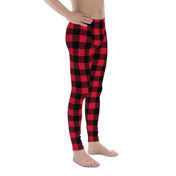Red Plaid Printed Men's Leggings, Plaid Printed Premium Men's Leggings Tights Yoga Pants - Made in USA/ Europe/ Mexico, Red Plaid Printed Men's Leggings, Stretchable Men's Plaid Leggings, Compression Pants, Running Tights (US Size: XS-3XL) 