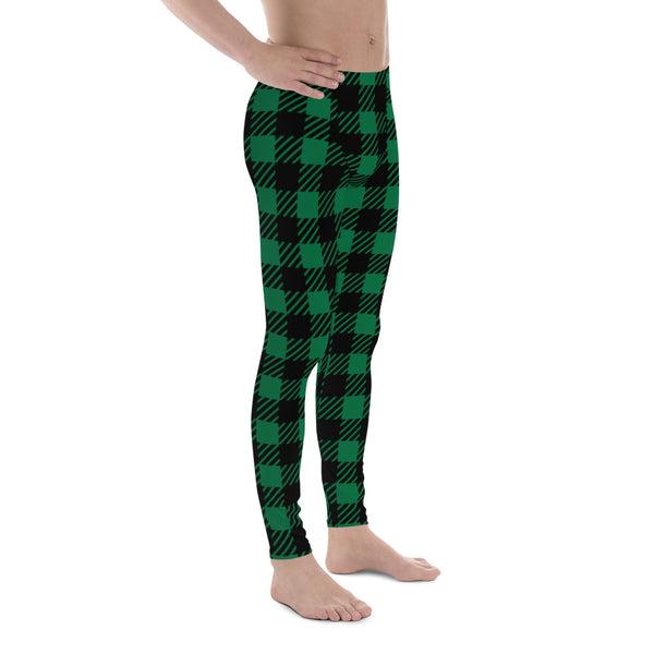 Green Black Plaid Men's Leggings, Tartan Plaid Print Abstract Meggings Compression Men's Leggings Tights Pants - Made in USA/MX/EU (US Size: XS-3XL) Sexy Meggings Men's Workout Gym Running Tights Leggings, Compression Active Wear Sports Tights