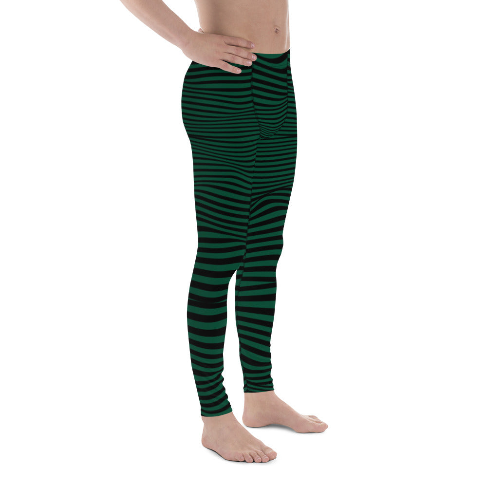 Bright Green Meshed Men's Leggings, Striped Premium Meggings