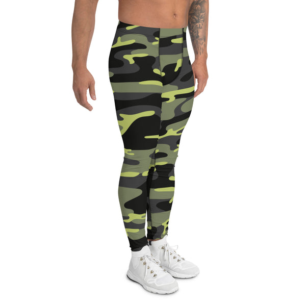 Green Camouflaged Men's Leggings, Army Camouflage Military Print Premium Quality Designer Print Sexy Meggings Men's Workout Gym Tights Leggings, Men's Compression Tights Pants - Made in USA/ EU/ MX (US Size: XS-3XL) 