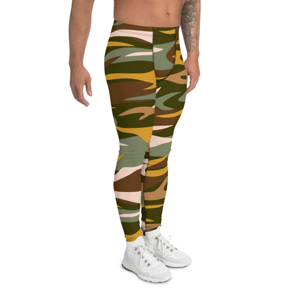 Orange Green Camouflaged Men's Leggings, Army Camouflage Military Print Premium Quality Designer Print Sexy Meggings Men's Workout Gym Tights Leggings, Men's Compression Tights Pants - Made in USA/ EU/ MX (US Size: XS-3XL) 