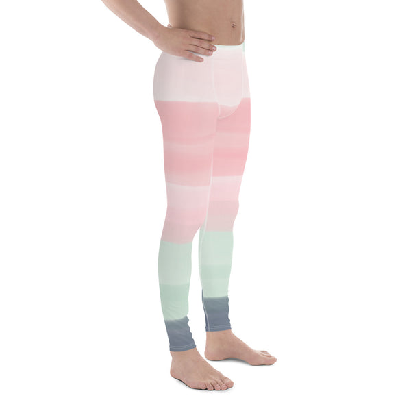Pink Green Stripes Men's Leggings, Pastel Best Striped Multicolored Striped Colors Best Designer Print Sexy Meggings Men's Workout Gym Tights Leggings, Men's Compression Tights Pants - Made in USA/ EU/ MX (US Size: XS-3XL) 
