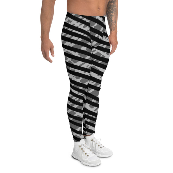 Grey Black Striped Men's Leggings, Modern Diagonally Stripes Designer Print Sexy Meggings Men's Workout Gym Tights Leggings, Men's Compression Tights Pants - Made in USA/ EU/ MX (US Size: XS-3XL) 
