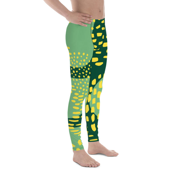Abstract Green Men's Leggings, Green Yellow Abstract Designer Print Sexy Meggings Men's Workout Gym Tights Leggings, Men's Compression Tights Pants - Made in USA/ EU/ MX (US Size: XS-3XL) 