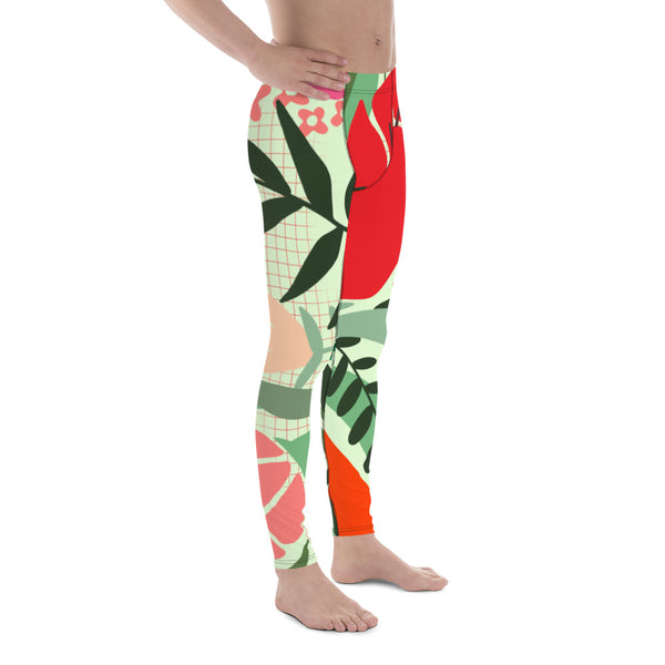 Red Floral Men's Leggings, Floral Print Designer Print Sexy Meggings Men's Workout Gym Tights Leggings, Men's Compression Tights Pants - Made in USA/ EU/ MX (US Size: XS-3XL) 