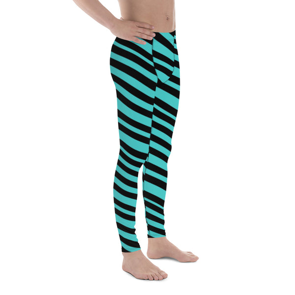 Black Blue Striped Men's Leggings, Modern Diagonally Stripes Designer Print Sexy Meggings Men's Workout Gym Tights Leggings, Men's Compression Tights Pants - Made in USA/ EU/ MX (US Size: XS-3XL) 