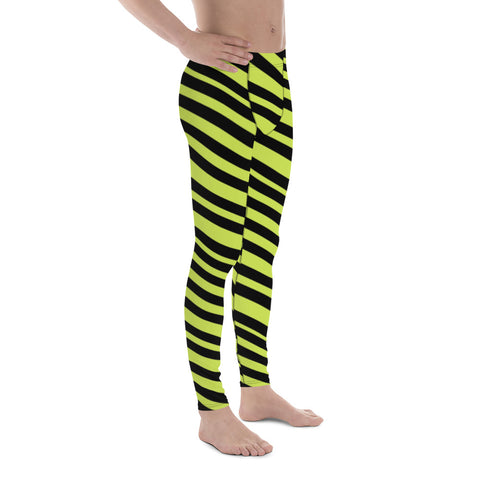 Greenish Yellow Striped Men's Leggings, Modern Diagonally Stripes Designer Print Sexy Meggings Men's Workout Gym Tights Leggings, Men's Compression Tights Pants - Made in USA/ EU/ MX (US Size: XS-3XL) 