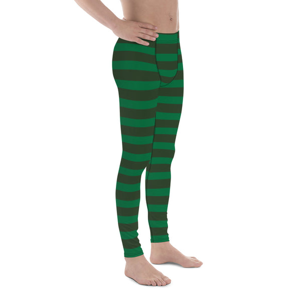Best Festive Men's Leggings, Green Striped Christmas Meggings Festive Men's Tights Designer Print Sexy Meggings Men's Workout Gym Tights Leggings, Men's Compression Tights Pants - Made in USA/ EU/ MX (US Size: XS-3XL) 