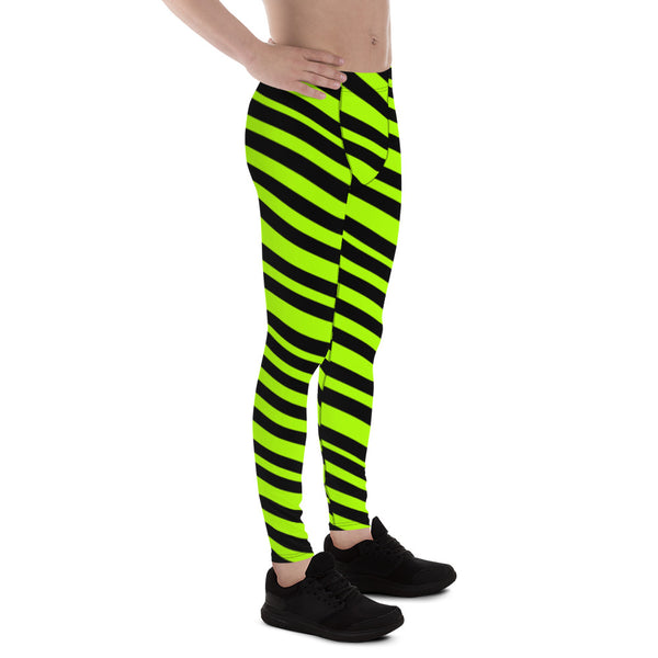 Green Striped Best Men's Leggings, Diagonal Striped Bright Black and Green Colors Best Designer Print Sexy Meggings Men's Workout Gym Tights Leggings, Men's Compression Tights Pants - Made in USA/ EU/ MX (US Size: XS-3XL) 