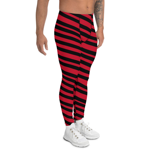 Red Black Striped Men's Leggings, Striped Colors Men's Leggings, Colorful Red Black Stripes Gym Tights For Men - Made in USA/EU/MX