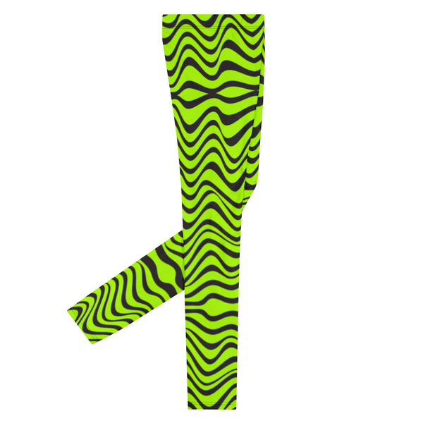 Green Wavy Print Men's Leggings, Abstract Print Neon Color Meggings Compression Festive Tights- Sexy Meggings Men's Workout Gym Tights Leggings, Men's Compression Tights Pants - Made in USA/ EU/ MX (US Size: XS-3XL) 