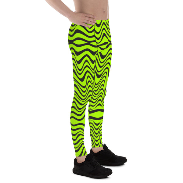 Green Wavy Print Men's Leggings, Abstract Print Neon Color Meggings Compression Festive Tights- Sexy Meggings Men's Workout Gym Tights Leggings, Men's Compression Tights Pants - Made in USA/ EU/ MX (US Size: XS-3XL) 