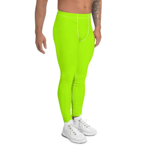 Neon Green Best Men's Leggings, Solid Bright Green Color Men's Running Sports Gym Tights