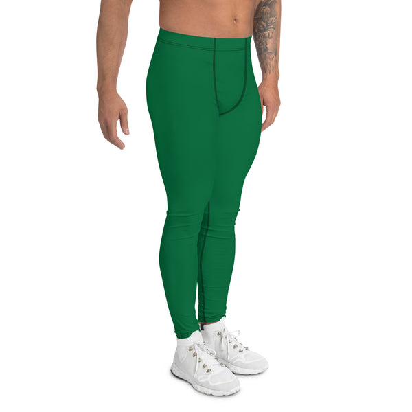 Green Solid Color Men's Leggings, Dark Green Solid Color Best Men's Running Sports Gym Tights