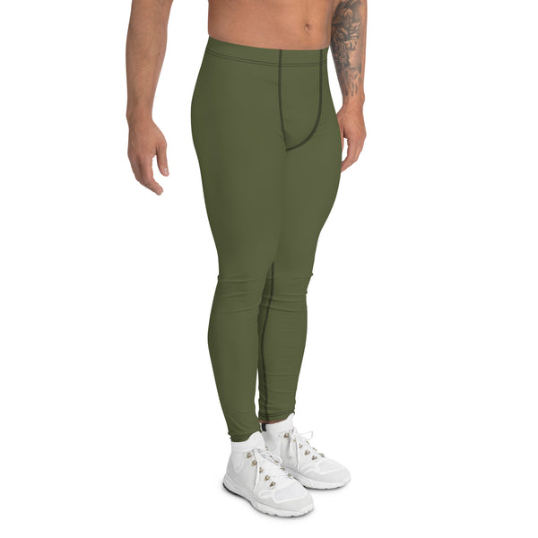 Dirty Green Solid Men's Leggings, Solid Dark Green Color Men's Running Sports Gym Tights