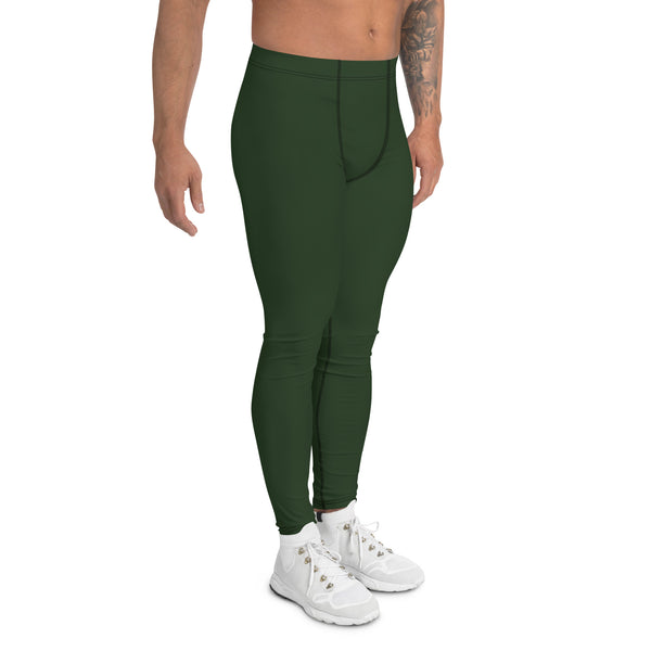Forest Green Solid Men's Leggings, Dark Pine Tree Green Color Men's Running Sports Gym Tights For Men - Made in USA/EU/MX