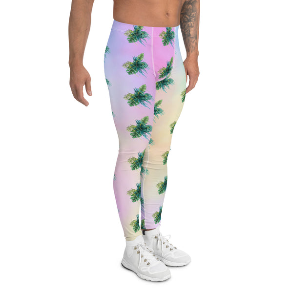 Tropical Leaves Men's Leggings, Green Palm Leaf Men's Sports Running Tights - Made in USA/EU/MX