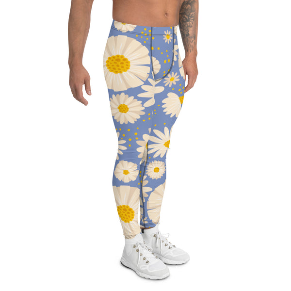 Blue Daisies Best Men's Leggings, Daisies Floral Print Men's Running Tights-Made in USA/EU/MX