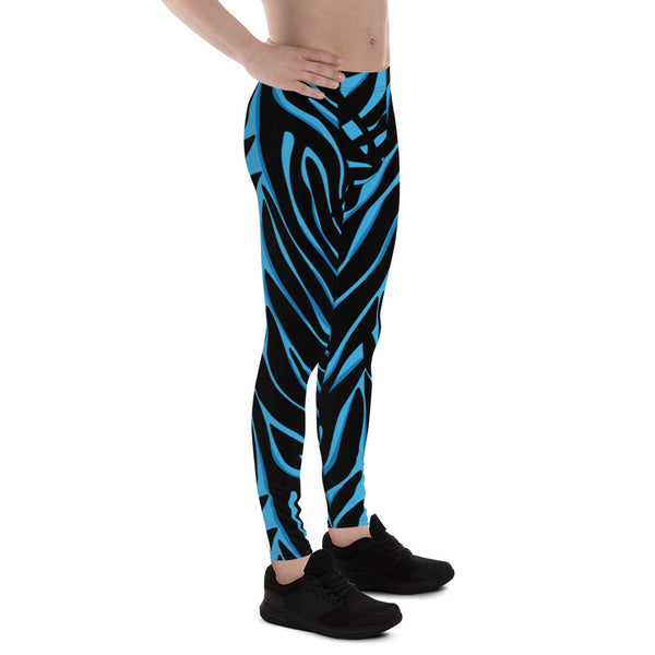 Blue Tiger Striped Men's Leggings, Bright Blue Tiger Leggings, Blue Tiger Pants For Men, Rave Party Tiger Striped Animal Print Sexy Meggings Men's Workout Gym Tights Leggings, Men's Compression Tights Pants - Made in USA/ EU/ MX (US Size: XS-3XL) 