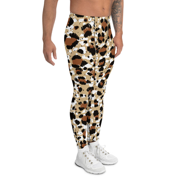 Brown Leopard Print Men's Leggings, Leopard Animal Print Best Premium Running Tights For Men - Made in USA/EU/MX
