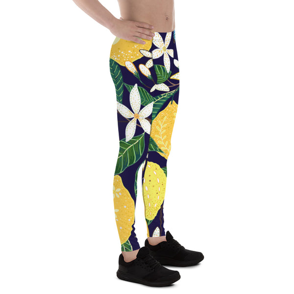 Blue Lemon Floral Men's Leggings, Floral Print Designer Print Sexy Meggings Men's Workout Gym Tights Leggings, Men's Compression Tights Pants - Made in USA/ EU/ MX (US Size: XS-3XL) 