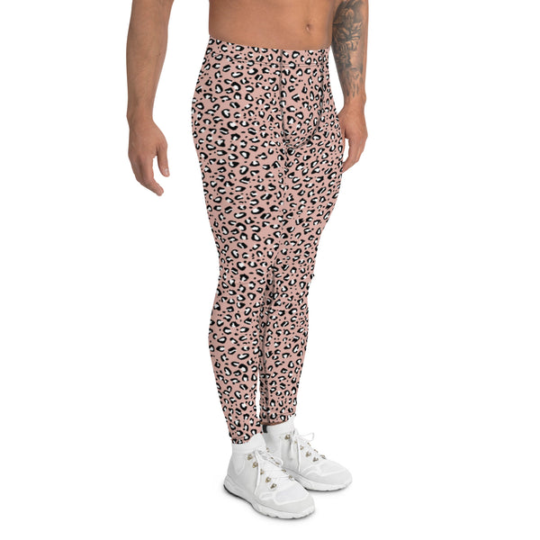 Pink Leopard Print Men's Leggings, Leopard Animal Print Best Designer Print Sexy Meggings Men's Workout Gym Tights Leggings, Men's Compression Tights Pants - Made in USA/ EU/ MX (US Size: XS-3XL) 