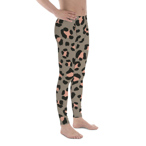Wild Pink Leopard Men's Leggings, Grey and Pink Leopard Animal Print Best Designer Print Sexy Meggings Men's Workout Gym Tights Leggings, Men's Compression Tights Pants - Made in USA/ EU/ MX (US Size: XS-3XL) 