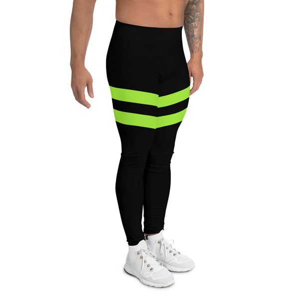 Neon Green Stripes Men's Leggings, Striped Colors Men's Leggings, Colorful Striped Green Black Gym Tights For Men - Made in USA/EU/MX