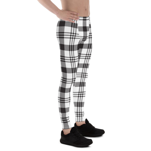Black White Plaid Print Meggings, Plaid Print Classic Designer Print Sexy Meggings Men's Workout Gym Tights Leggings, Men's Compression Workout Running Sports Athletic Tights Pants - Made in USA/ EU/ MX (US Size: XS-3XL) 
