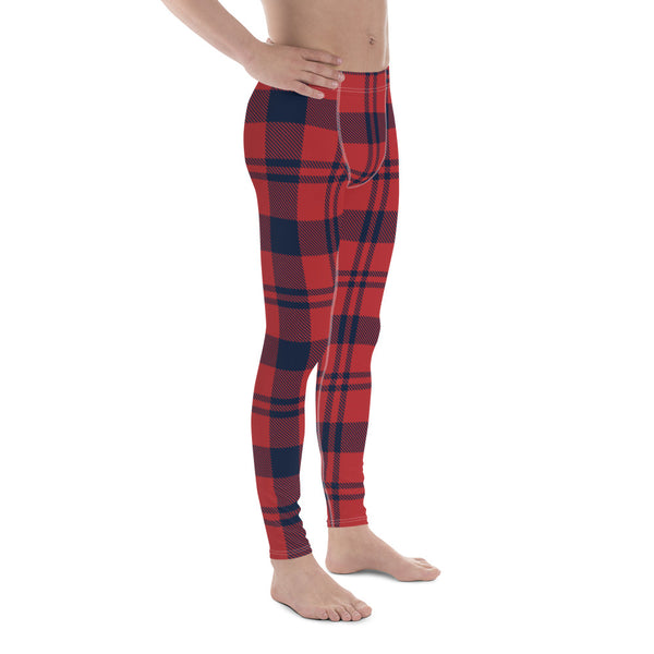Red Plaid Print Meggings, Red Plaid Print Classic Designer Print Sexy Meggings Men's Workout Gym Tights Leggings, Men's Compression Workout Running Sports Athletic Tights Pants - Made in USA/ EU/ MX (US Size: XS-3XL) 