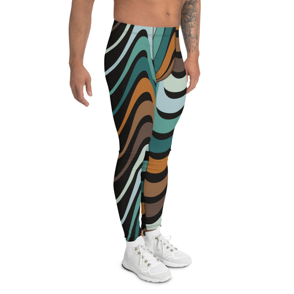 Retro Waves Men's Leggings, Colorful Multi-Colored Wavy Print Designer Men's Leggings Tights Pants - Made in USA/EU/MX (US Size: XS-3XL)&nbsp;Sexy Meggings Men's Workout Gym Tights Leggings