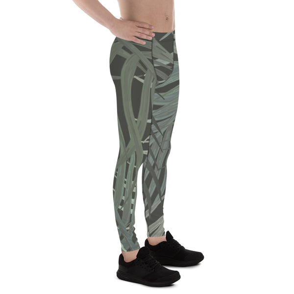 Grey Tropical Men's Leggings, Tropical Leaves Print Designer Print Sexy Meggings Men's Workout Gym Tights Leggings, Men's Compression Tights Pants - Made in USA/ EU/ MX (US Size: XS-3XL) 