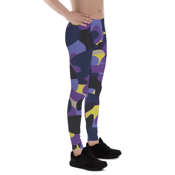 Purple Yellow Camo Men's Leggings, Purple Yellow Best Camouflaged Military Print Premium Classic Elastic Comfy Men's Leggings Fitted Tights Pants - Made in USA/MX/EU (US Size: XS-3XL) Spandex Meggings Men's Workout Gym Tights Leggings, Compression Tights, Kinky Fetish Men Pants
