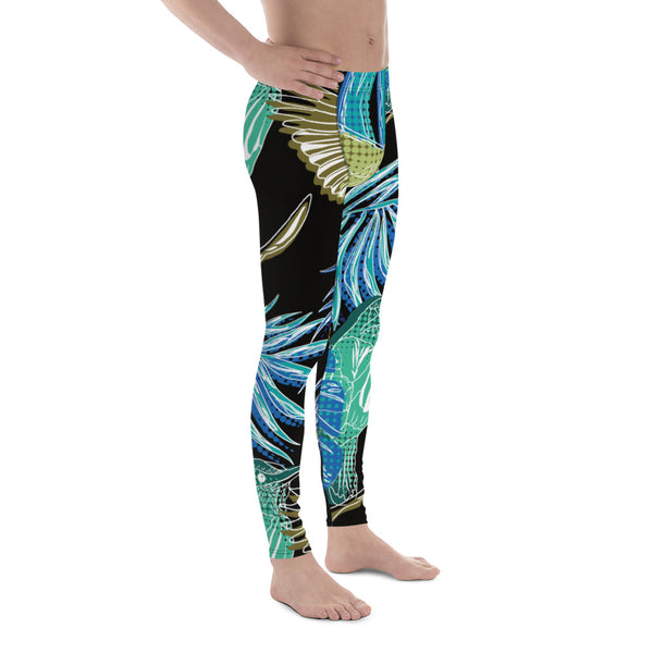 Blue Tropical Men's Leggings, Tropical Leaves Print Designer Print Sexy Meggings Men's Workout Gym Tights Leggings, Men's Compression Tights Pants - Made in USA/ EU/ MX (US Size: XS-3XL) 