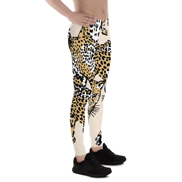 Nude Leopard Print Men's Leggings, Brown Animal Leopard Print Designer Sexy Meggings Men's Workout Gym Tights Leggings, Men's Compression Tights Pants - Made in USA/ EU/ MX (US Size: XS-3XL) 