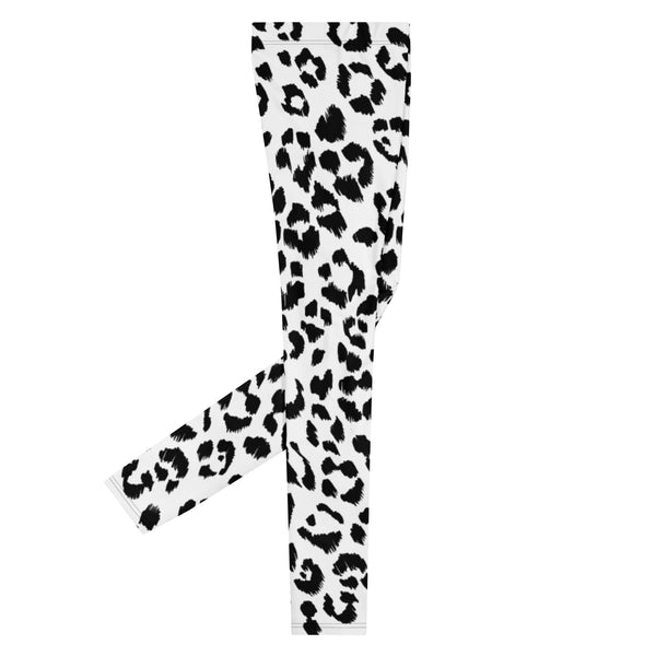 White Black Leopard Men's Leggings, Animal Leopard Print Designer Sexy Meggings Men's Workout Gym Tights Leggings, Men's Compression Tights Pants - Made in USA/ EU/ MX (US Size: XS-3XL) 