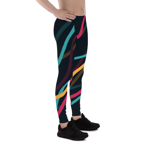 Black Abstract Printed Men's Leggings, Mixed Colorful Designer Print Sexy Meggings Men's Workout Gym Tights Leggings, Men's Compression Tights Pants - Made in USA/ EU/ MX (US Size: XS-3XL) 