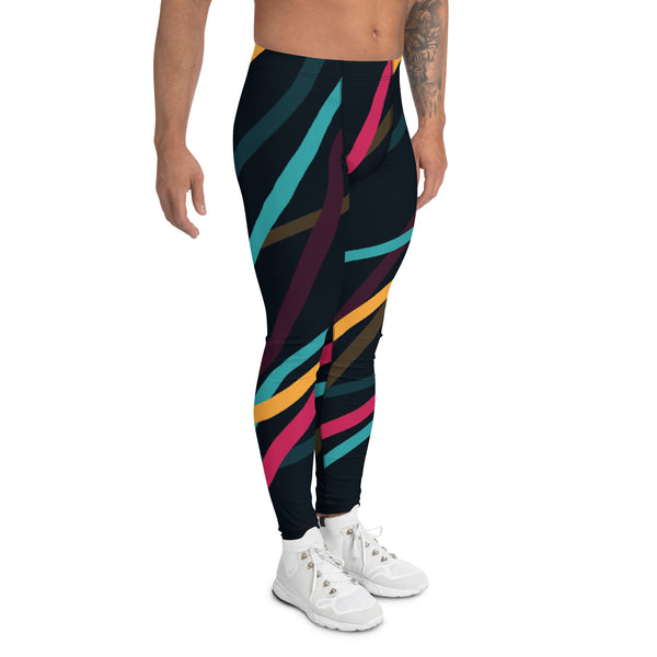 Black Abstract Printed Men's Leggings, Mixed Colorful Designer Print Sexy Meggings Men's Workout Gym Tights Leggings, Men's Compression Tights Pants - Made in USA/ EU/ MX (US Size: XS-3XL) 