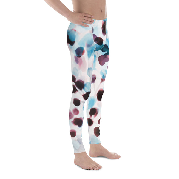 Abstract Blue Men's Leggings, Blue Red Watercolor Abstract Designer Print Sexy Meggings Men's Workout Gym Tights Leggings, Men's Compression Tights Pants - Made in USA/ EU/ MX (US Size: XS-3XL) 